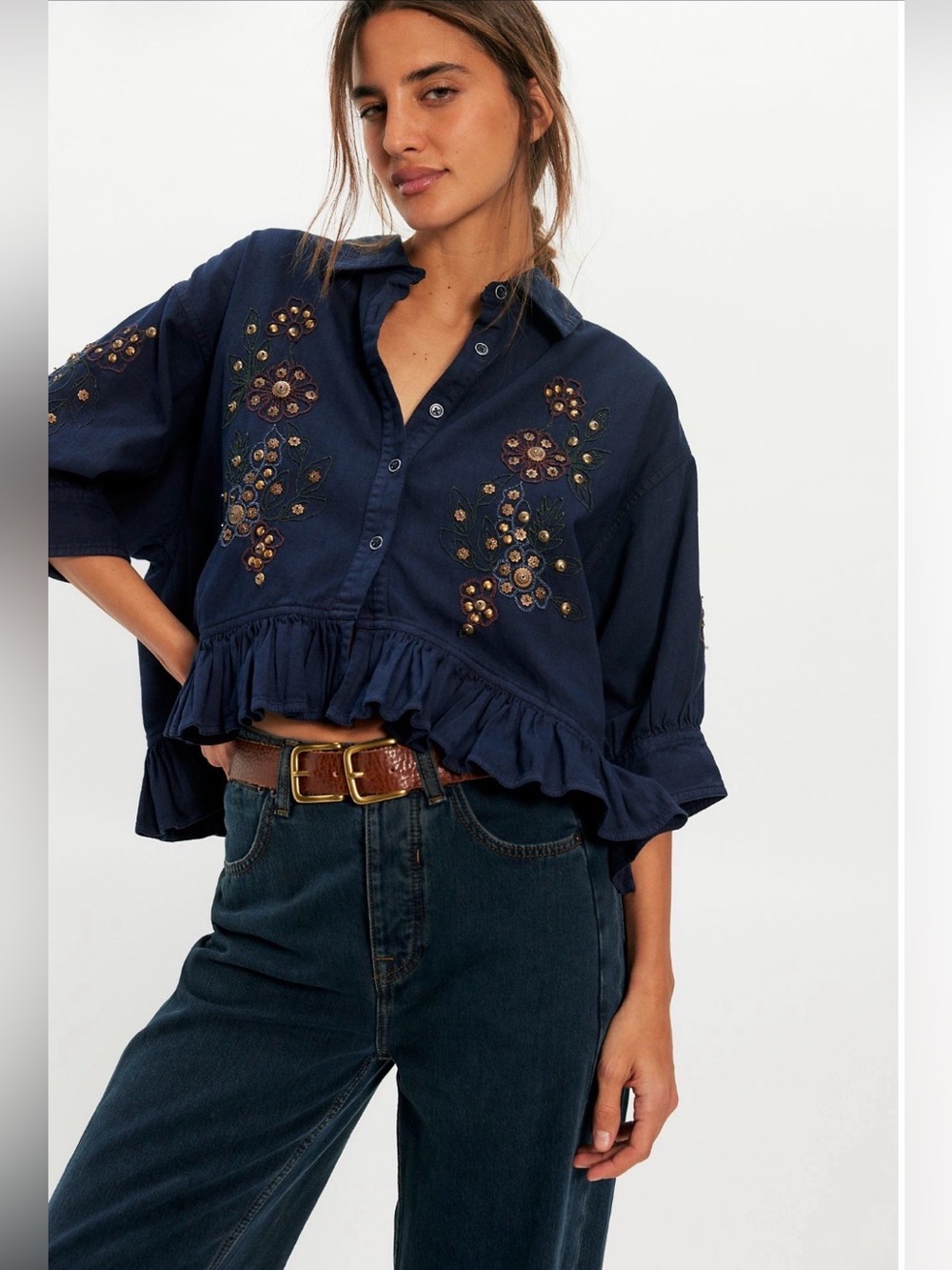 Free People We The Free Bailey Embellished Denim Shirt NWT Size L